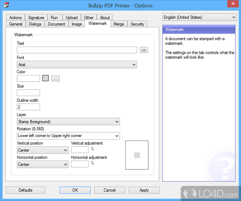 Virtual printer to generate PDF with watermark, password - Screenshot of Bullzip PDF Printer