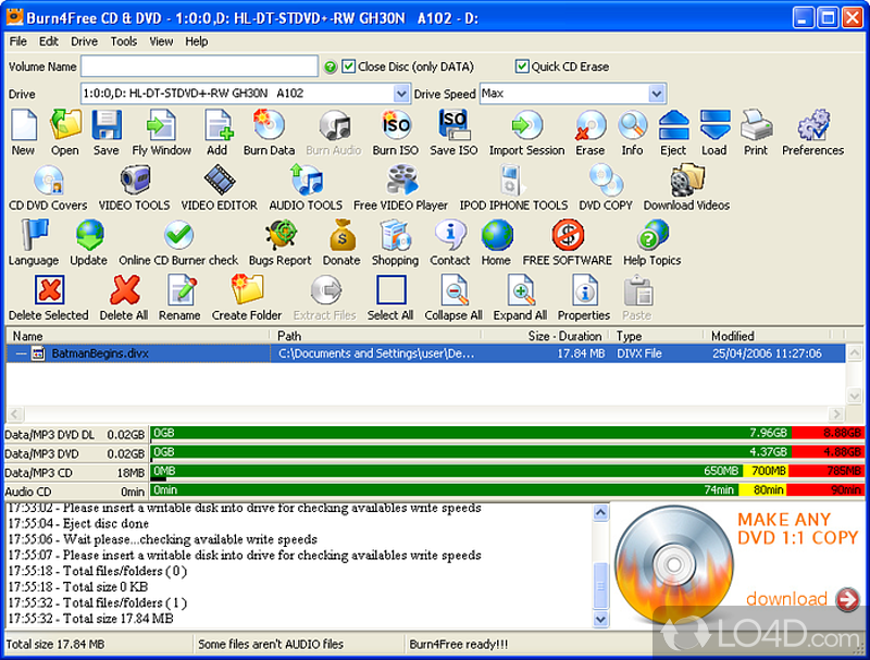 Create DVDs with data or music - Screenshot of Burn4Free