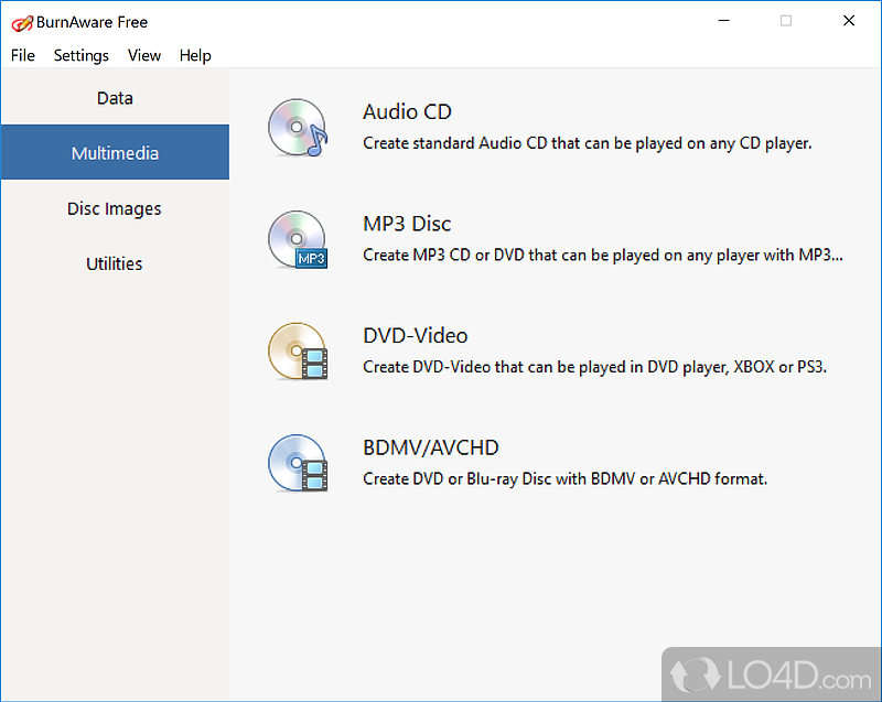 Writer for multimedia files on discs - Screenshot of BurnAware Free
