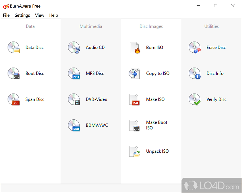 Can create audio, video and data discs, generate images for later use, copy DVDs, CDs or Blu-rays and erase disc contents - Screenshot of BurnAware Free