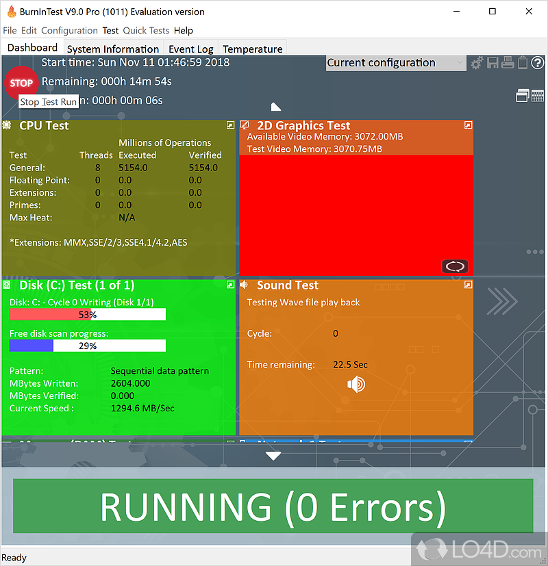 Preset test case configurations - Screenshot of BurnInTest Professional