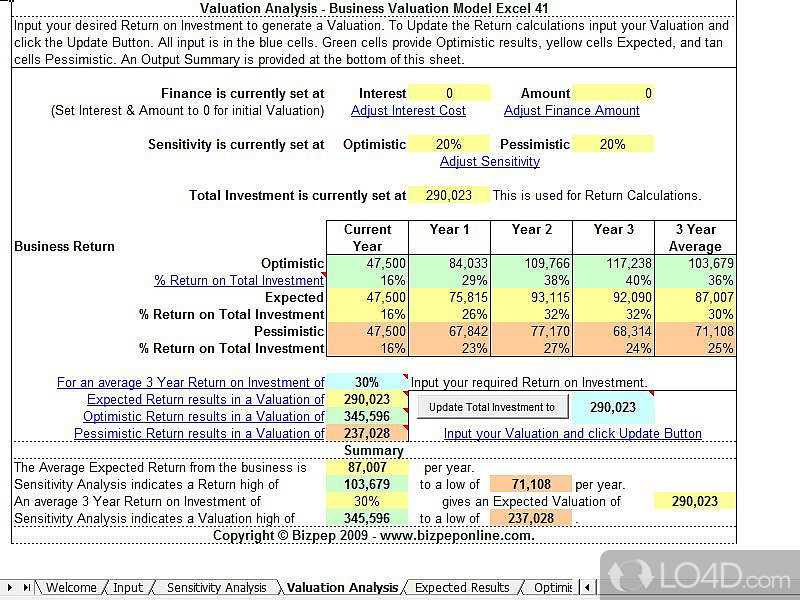 Business valuation, 3 year forecast, calculated valuation - Screenshot of Business Valuation Model Excel