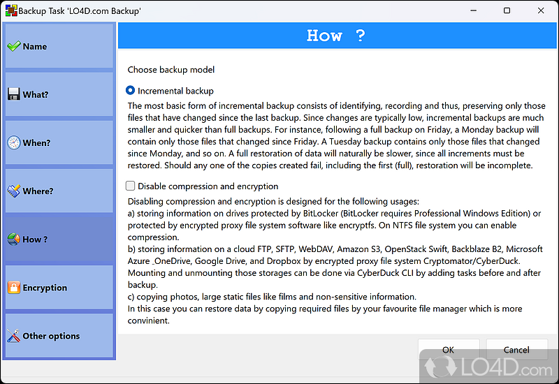 Settings for incremental backup and compression/encryption - Screenshot of BUtil