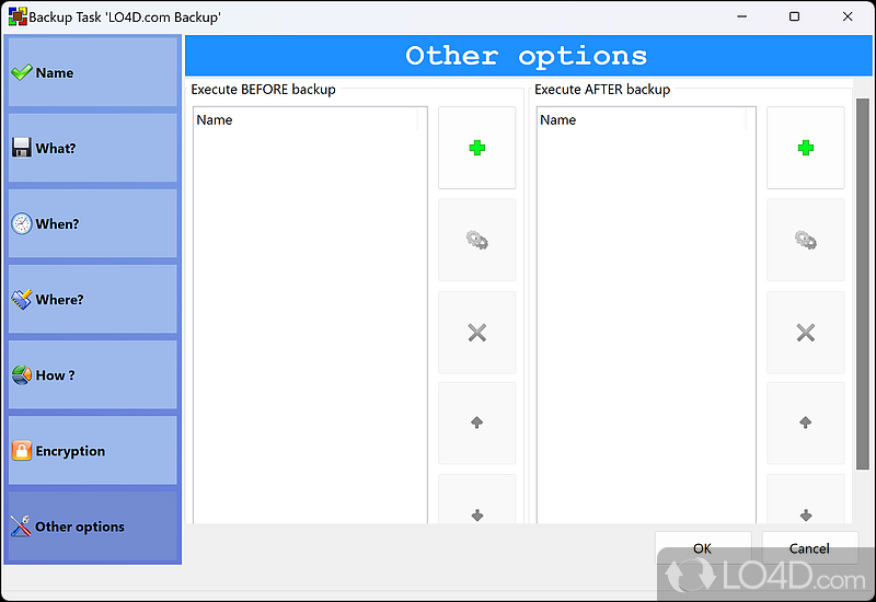 The option to execute commands before and after creating a backup - Screenshot of BUtil