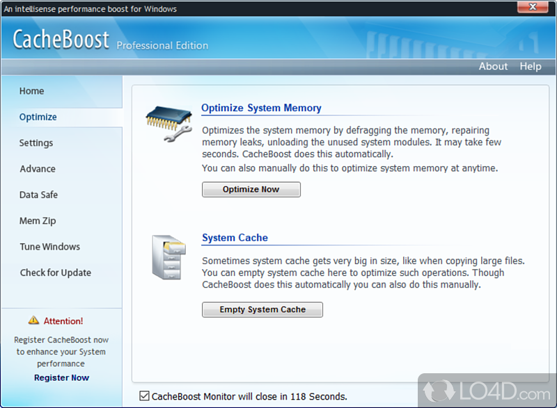 Intuitive design makes it easy to use - Screenshot of CacheBoost Professional