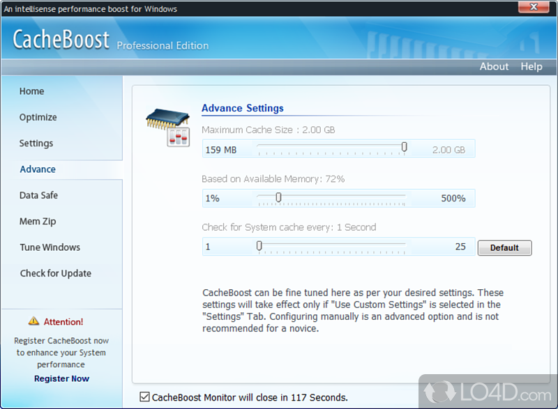 Preset optimization profiles and custom configurations - Screenshot of CacheBoost Professional