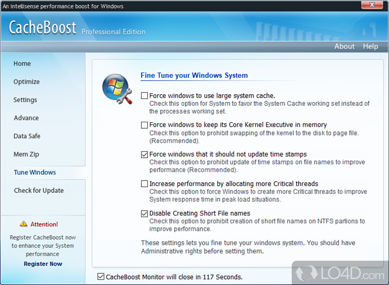 CacheBoost Professional: User interface - Screenshot of CacheBoost Professional