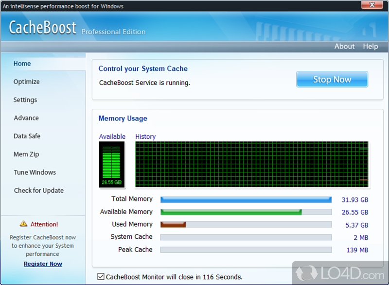 Make sure you never run out of memory, run several cleaning - Screenshot of CacheBoost Professional