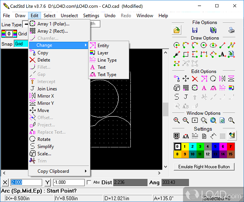 Customize grid and measure objects - Screenshot of CadStd Lite