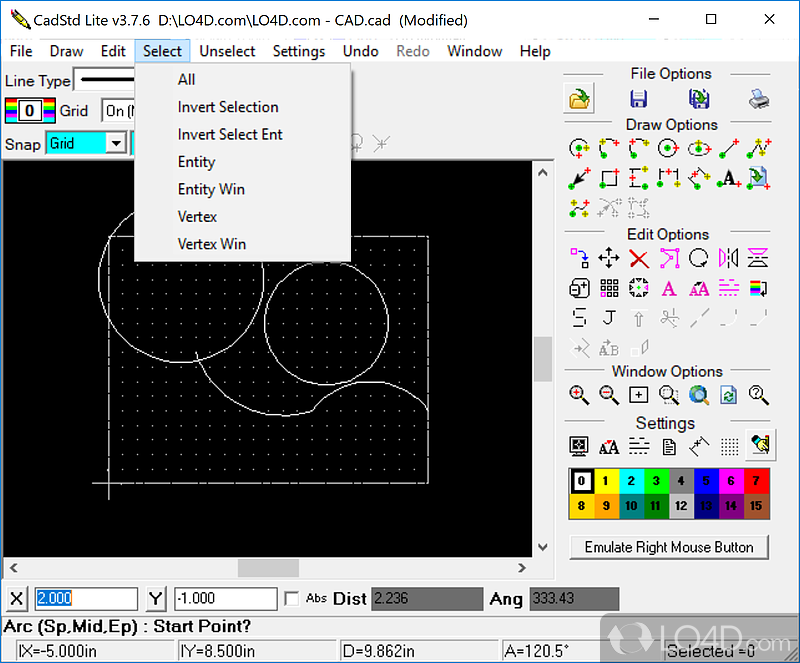 Various drawing and adjustment options - Screenshot of CadStd Lite