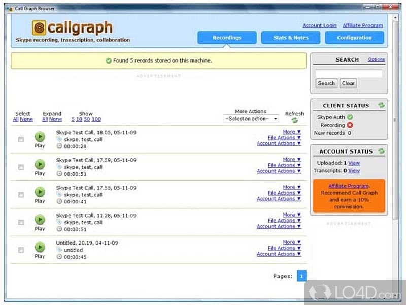 Lets you record, manage and organize all of Skype conversations, saving them to MP3 or WAV format - Screenshot of Call Graph
