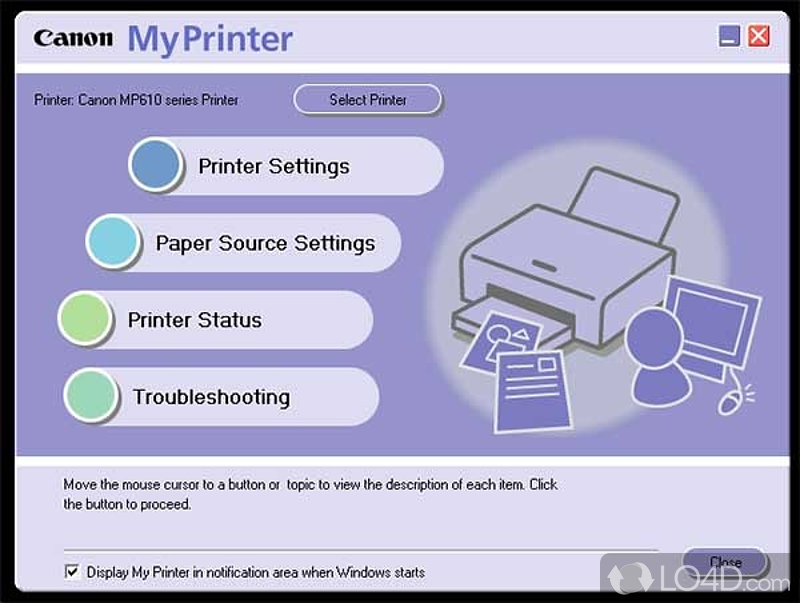 Piece pf software that provides a method of operating Cannon printer, with an option to diagnose - Screenshot of Canon My Printer