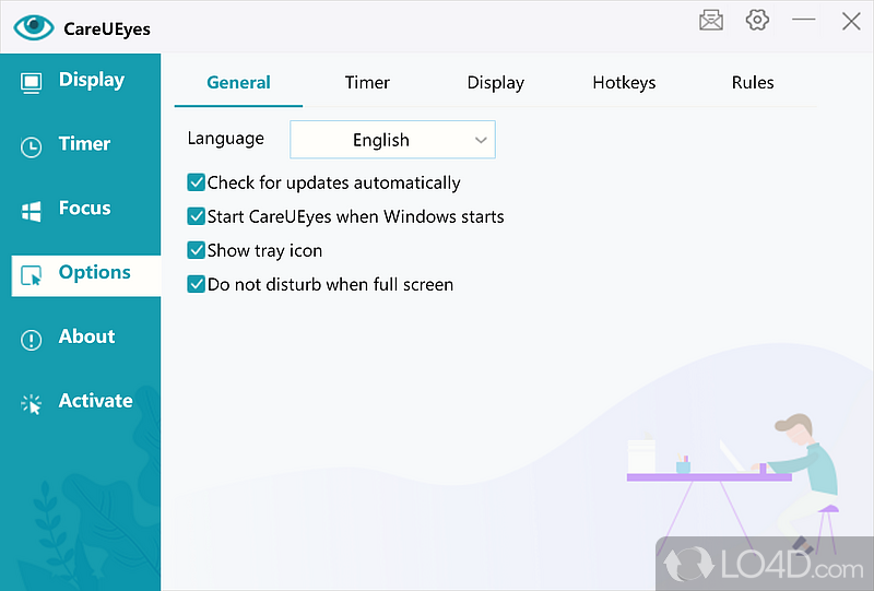Unobtrusive app that adjusts color temperature and enforces a work/break schedule - Screenshot of CareUEyes