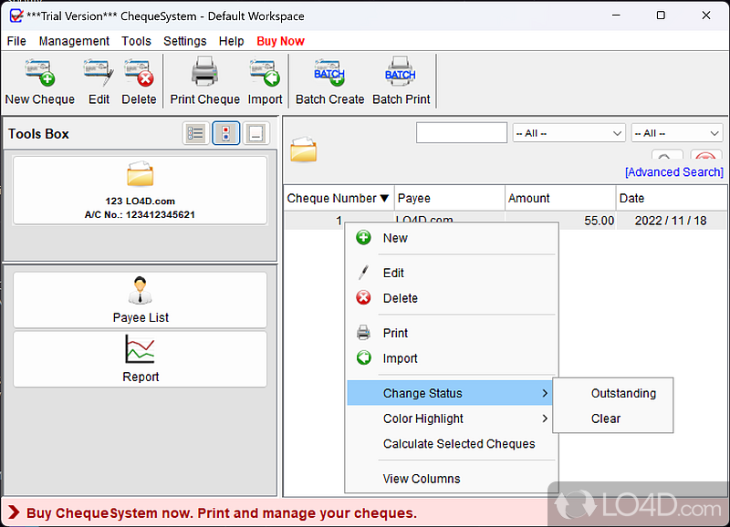 Electronic Cheque Writer: User interface - Screenshot of Electronic Cheque Writer