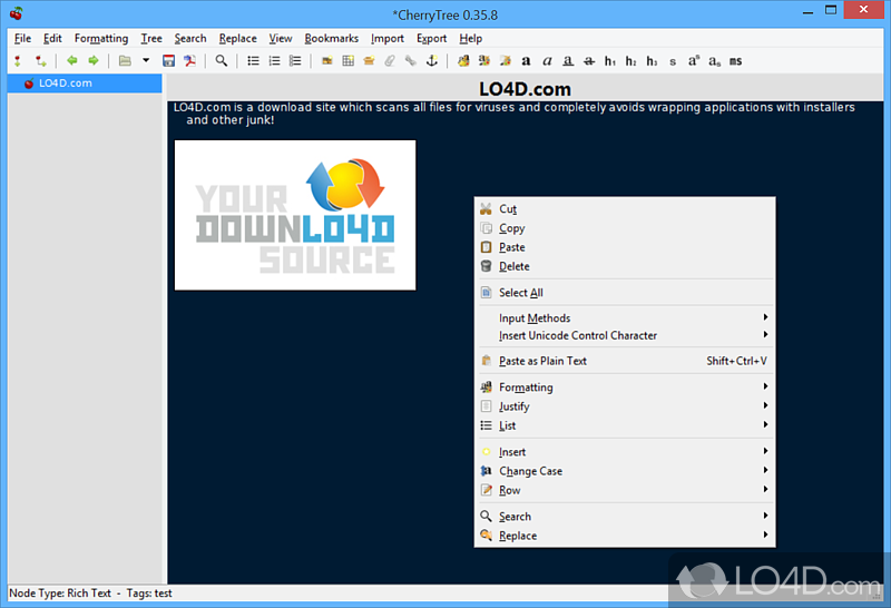 CherryTree for Windows: User interface - Screenshot of CherryTree for Windows