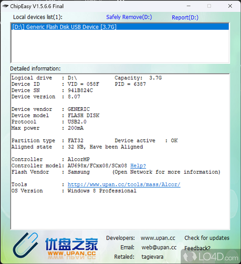 Provides detailed information about inserted USB drive - Screenshot of ChipEasy