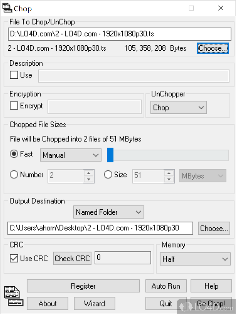 Assembly Language File Splitter with encryption, wizard - Screenshot of Chop