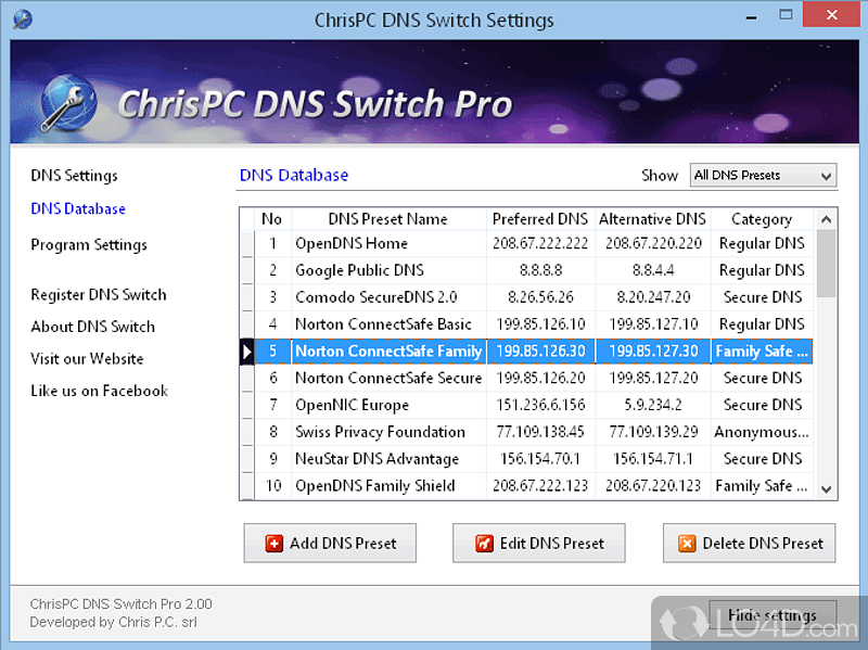 Provides a quick way to swap through anonymous DNS services - Screenshot of ChrisPC DNS Switch