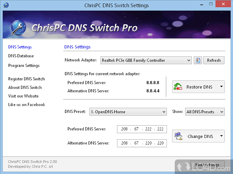 Quickly change the DNS of network adapters manually - Screenshot of ChrisPC DNS Switch
