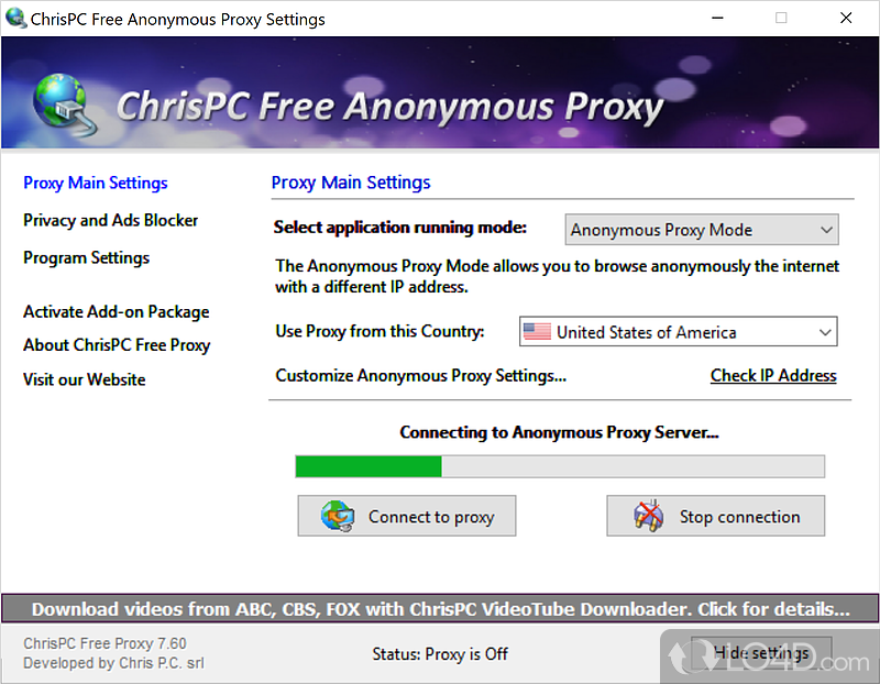 Hide the Ip using a proxy to protect the privacy - Screenshot of ChrisPC Free Anonymous Proxy