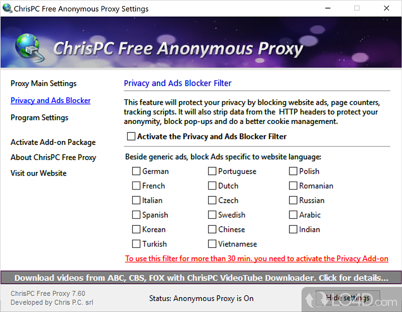 Anonymous Proxy Mode - Screenshot of ChrisPC Free Anonymous Proxy