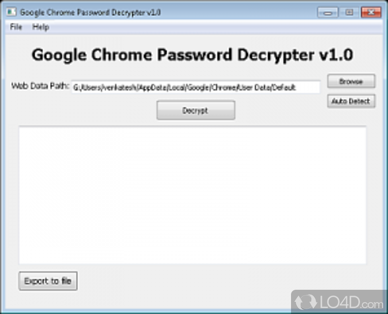 Chrome Password Decrypter: User interface - Screenshot of Chrome Password Decrypter