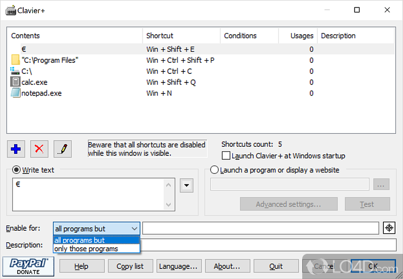 Keyboard shortcut creating software utilities - Screenshot of Clavier+