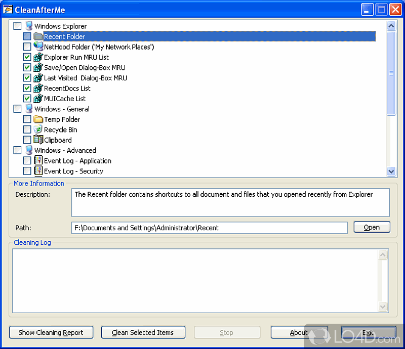 Files and Registry values in system so that improve the overall performance of computer - Screenshot of CleanAfterMe