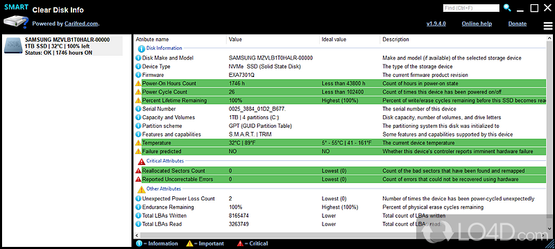 Find out more about the attributes and values that influence the performance and functionality of drives - Screenshot of Clear Disk Info