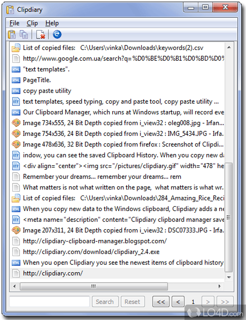 Stores the elements copied onto clipboard and allows you to access or manage them later - Screenshot of Clipdiary
