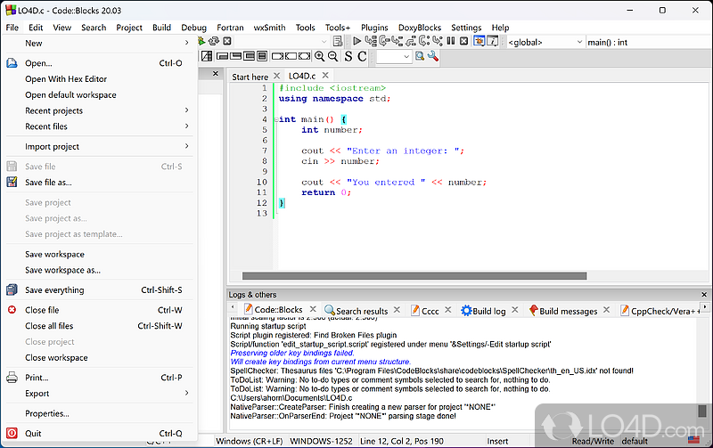 Extensive feature set - Screenshot of Code::Blocks