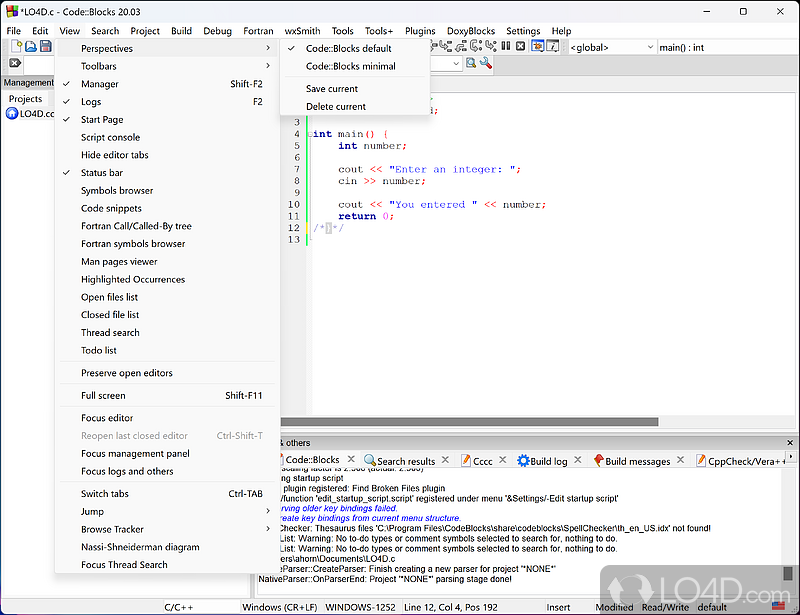 Code editor for C++ and Fortran - Screenshot of Code::Blocks
