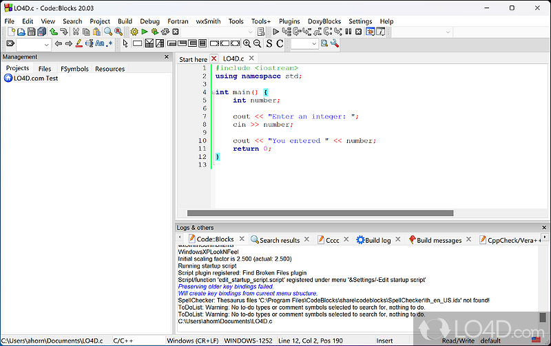 Comprehensive layout - Screenshot of Code::Blocks