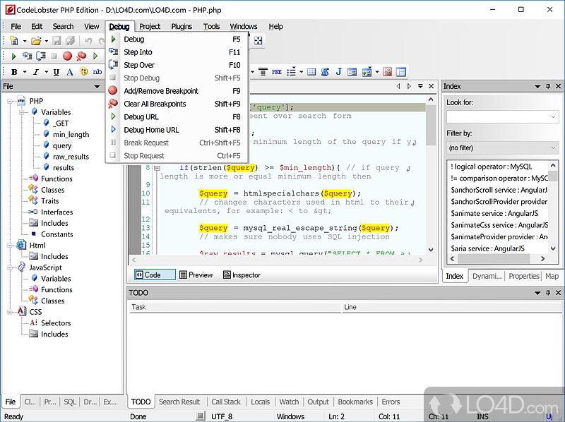 CodeLobster PHP Edition: Debugger tool - Screenshot of CodeLobster PHP Edition