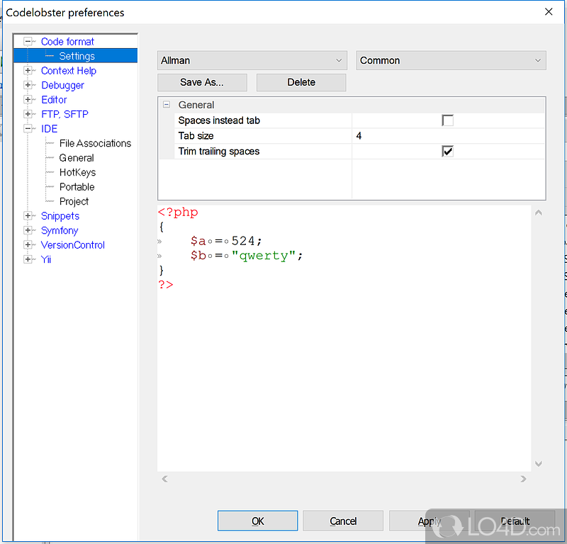 PHP, HTML, CSS and Javascript code editor with its own PHP debugger - Screenshot of CodeLobster PHP Edition