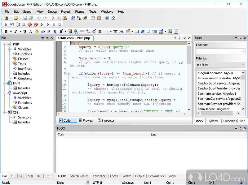 PHP, HTML, CSS and Javascript code editor with its own PHP debugger that comes in for users who need to create webpages - Screenshot of CodeLobster PHP Edition