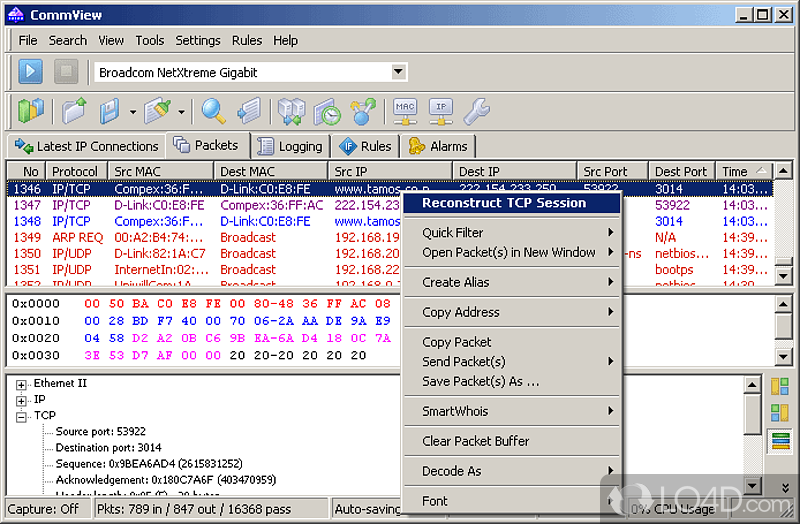 Analyze network packets - Screenshot of CommView