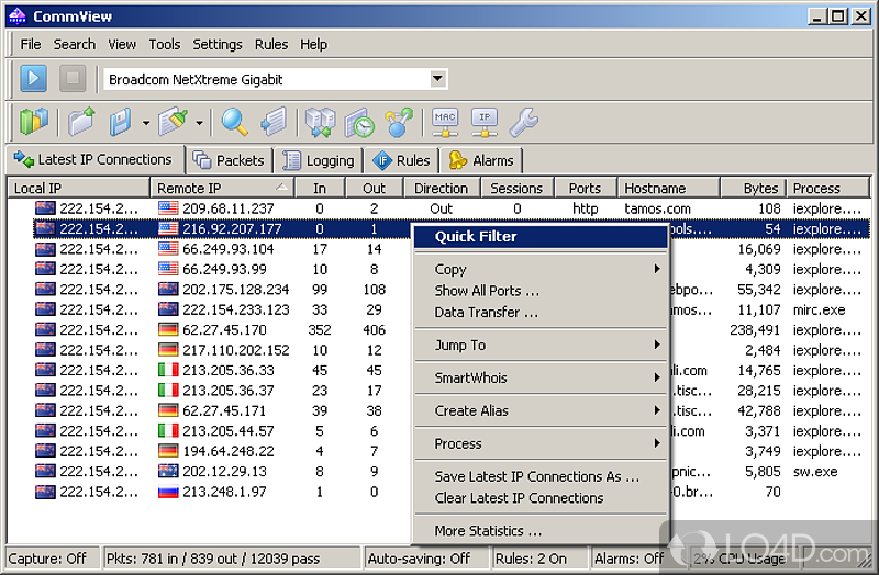 Captures network packets, allowing you to browse the connection history, run whois on different hosts - Screenshot of CommView