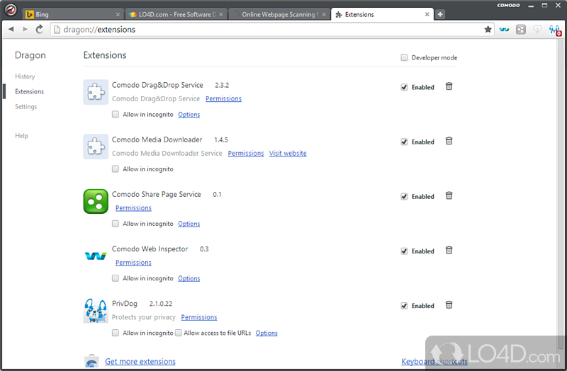 Comodo Dragon Browser: User interface - Screenshot of Comodo Dragon Browser