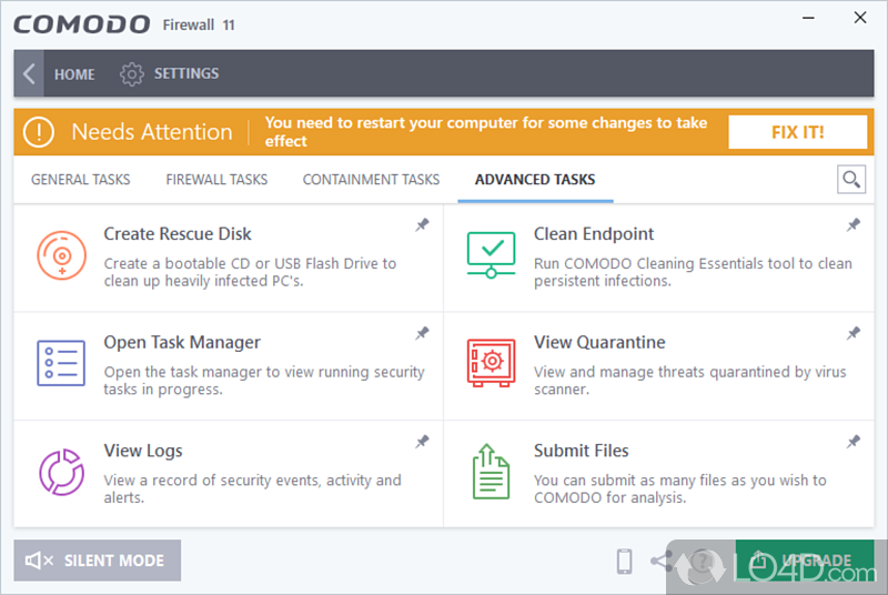 Summary, Firewall, Defense+ - Screenshot of Comodo Firewall