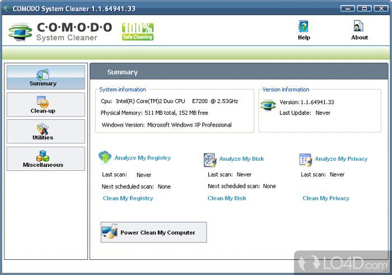 Suite of extensive tools developed to PC clutter (registry, privacy-related, disk), shred files - Screenshot of Comodo System Cleaner