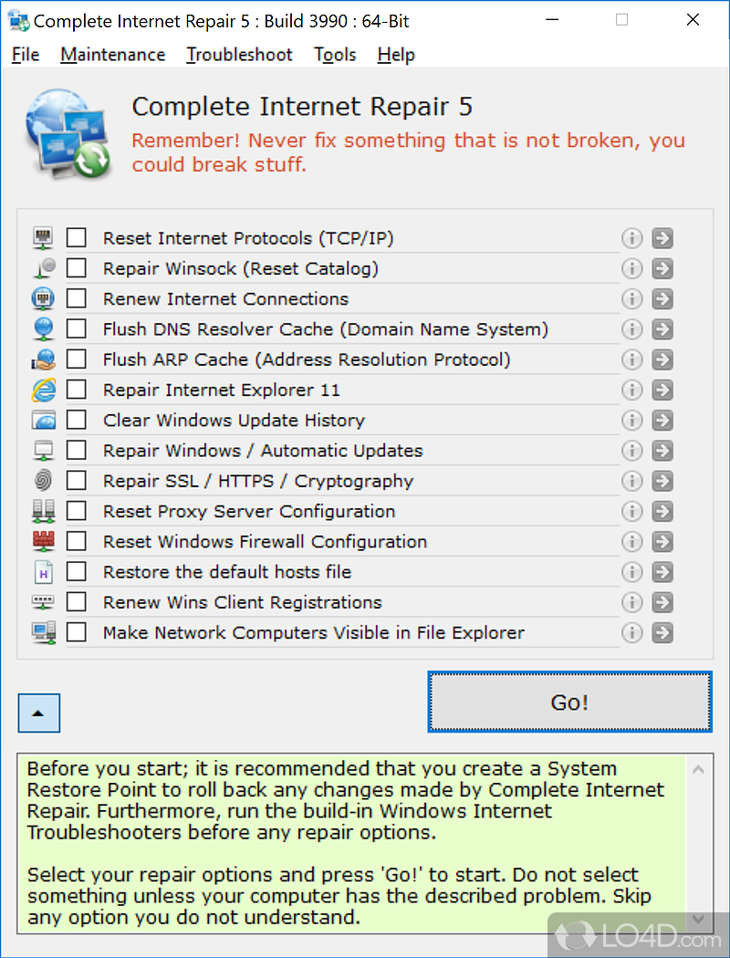 Repair Internet problems such as updates, configurations, hosts - Screenshot of Complete Internet Repair