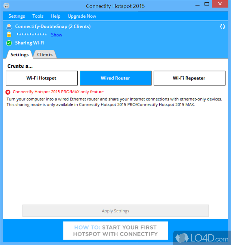 Quick WiFi setup process - Screenshot of Connectify Hotspot