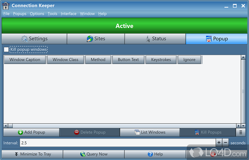 Connection Keeper: User interface - Screenshot of Connection Keeper