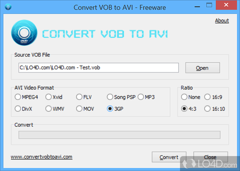 Video conversion utility for converting VOB files to AVI video - Screenshot of Convert VOB to AVI
