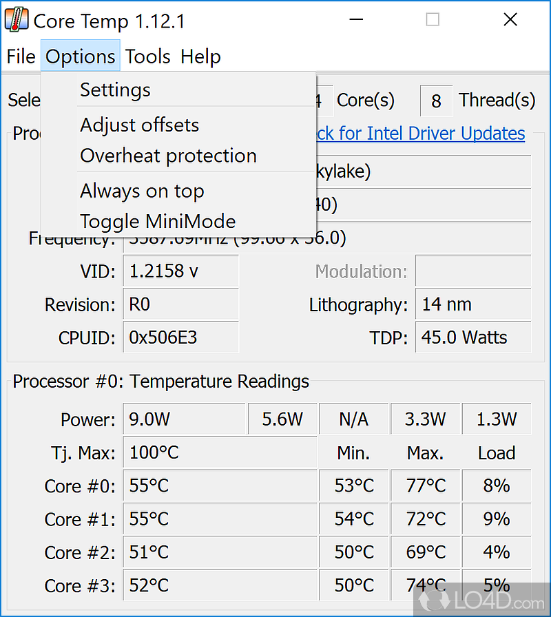 Schedule notifications, app launches and PC shutdown - Screenshot of Core Temp