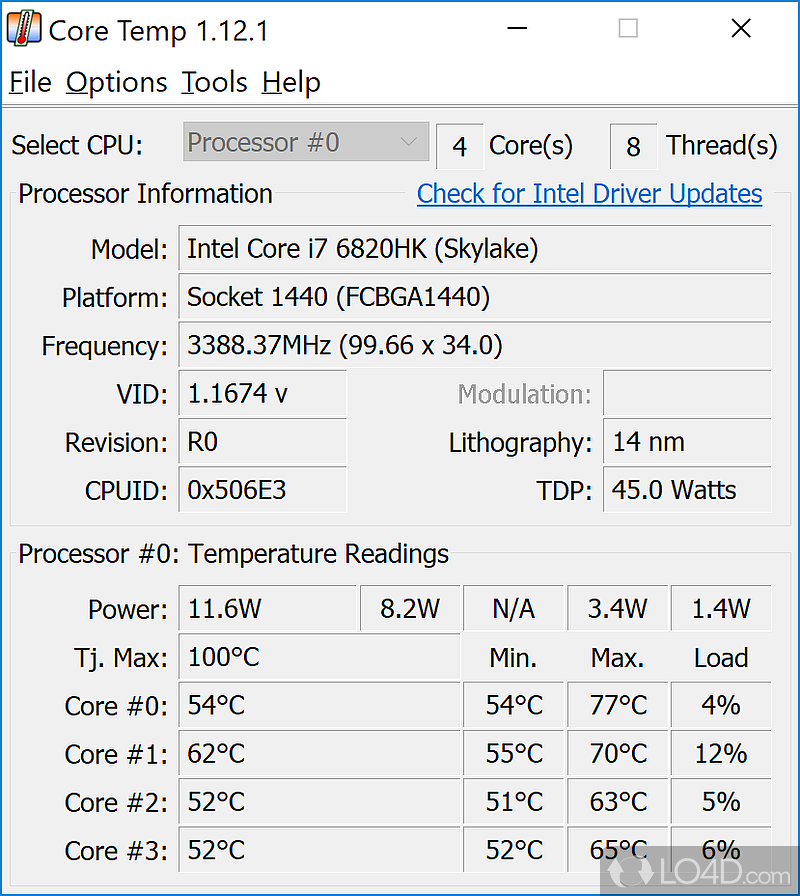 Classical interface and system tray indicators - Screenshot of Core Temp