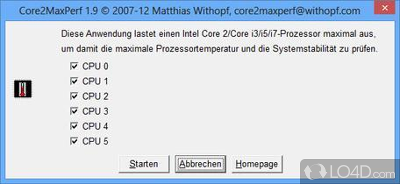Starts a timer to measure computer's CPU loads - Screenshot of Core2MaxPerf