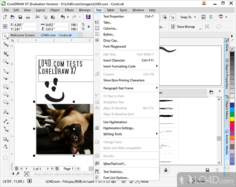 Several text editing and word processing tools are available from the Text menu - Screenshot of CorelDRAW