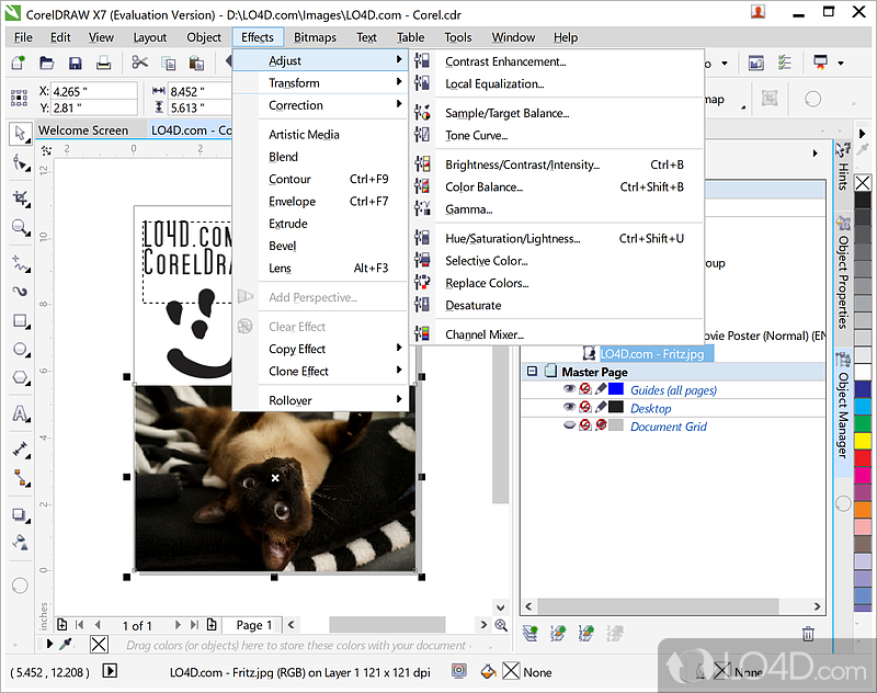 Apply color enhancements, saturation, tone curve, brightness and contrast among other tools - Screenshot of CorelDRAW